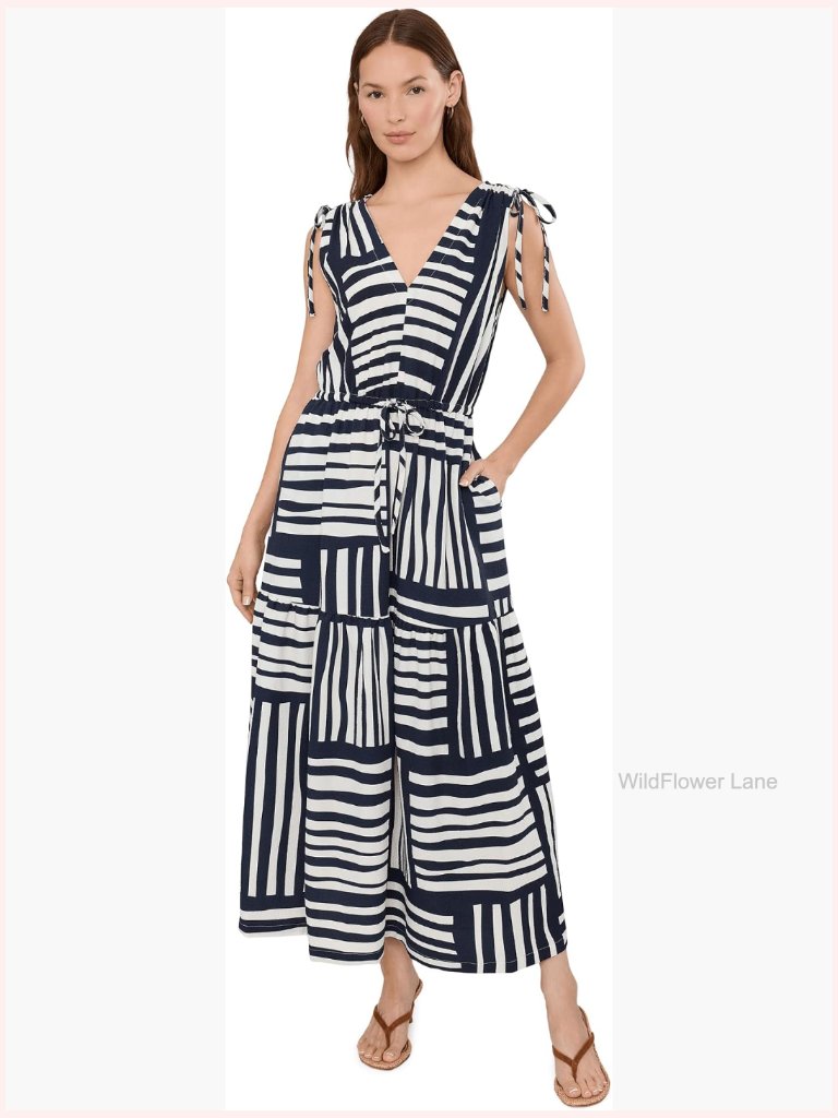 Sleeveless V-Neck Striped Gauze Midi Dress